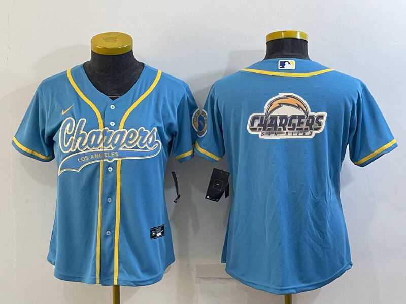 Women%27s Los Angeles Chargers Light Blue Team Big Logo With Patch Cool Base Stitched Baseball Jersey->women nfl jersey->Women Jersey